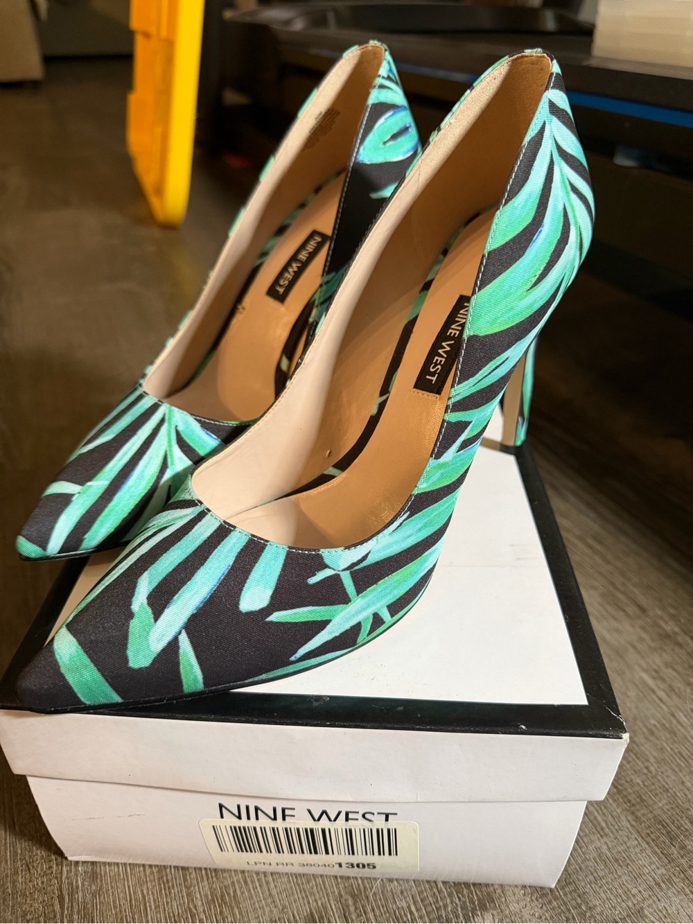 Nine West Black Pumps with Teal Leaf Print